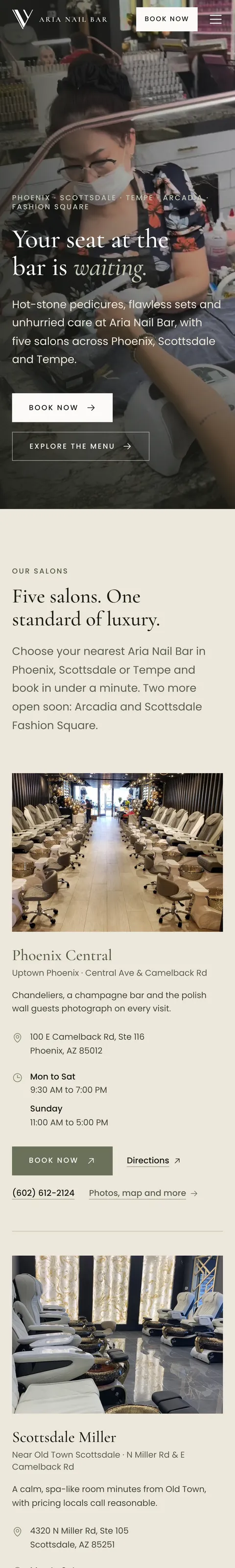Aria Nail Bar website design by Alpha Media — mobile view