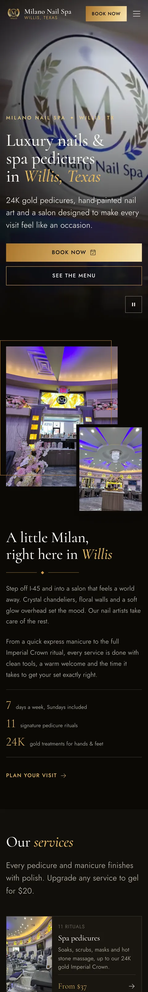 Milano Nail Spa website design by Alpha Media — mobile view