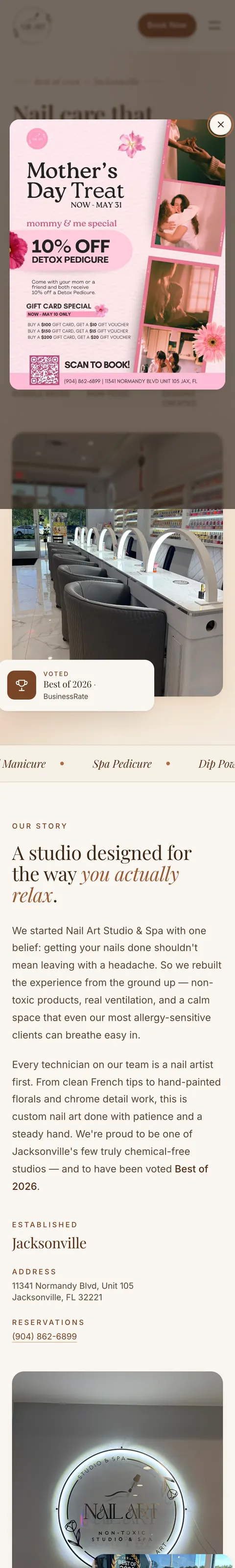 Nail Art Studio & Spa website design by Alpha Media — mobile view